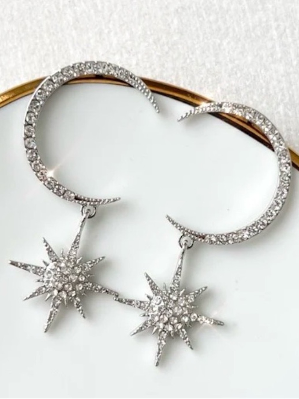 Silver Starburst Hoop Drop Earrings - Sparkling Crystal Accent